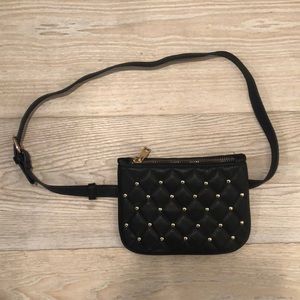 Black faux leather belt bag with gold details